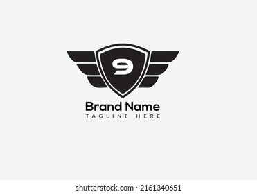 Wing Logo On Letter 9 Template. Wing On 9 Letter, Initial Wing Sign Concept Template