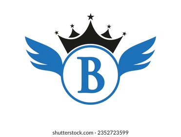Wing Logo on Letter B Concept With Crown Icon Vector Template. Wing Symbol