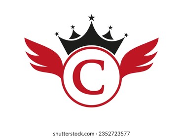 Wing Logo on Letter C Concept With Crown Icon Vector Template. Wing Symbol