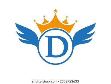 Wing-Logo auf Buchstabe D-Konzept mit Kronsymbol Vektorvorlage. Wing-Symbol