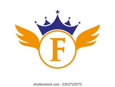 Wing Logo on Letter F Concept With Crown Icon Vector Template. Wing Symbol