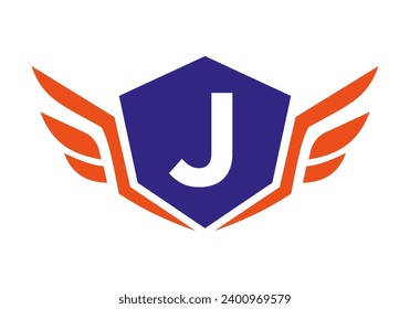 Wing Logo On Letter J, Transport Wing Sign. Transportation Symbol