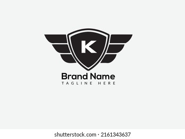 Wing Logo On Letter K Template. Wing On K Letter, Initial Wing Sign Concept Template