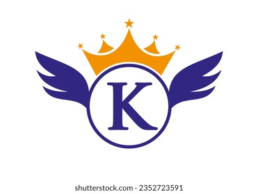 Logotipo Wing en la letra K Concepto con plantilla vectorial de icono coronado. Símbolo de ala