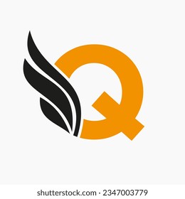 Wing Logo On Letter Q For Freight and Transportation Symbol. Wing Logotype Template