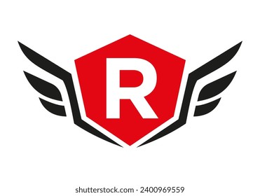 Wing Logo On Letter R, Transport Wing Sign. Transportation Symbol