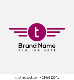 Wing Logo On Letter T Template. Wing On T Letter, Initial Wing Sign Concept 