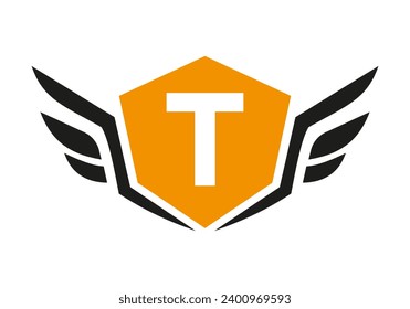 Wing Logo On Letter T, Transport Wing Sign. Transportation Symbol
