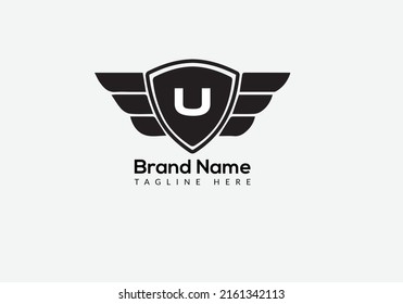 Wing Logo On Letter U Template. Wing On U Letter, Initial Wing Sign Concept Template