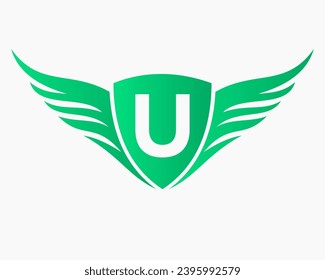 Wing Logo On Letter U, Transportation Symbol, Transport Sign