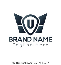 Wing Logo On Letter U Template. Wing On U Letter, Initial Wing Sign Concept Template	