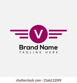 Wing Logo On Letter V Template. Wing On V Letter, Initial Wing Sign Concept 