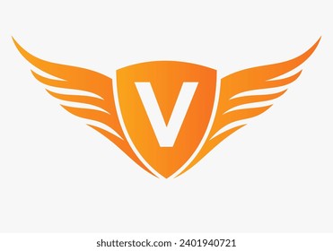 Logo De Wing En La Letra V For, Símbolo De Transporte. Firma de flete