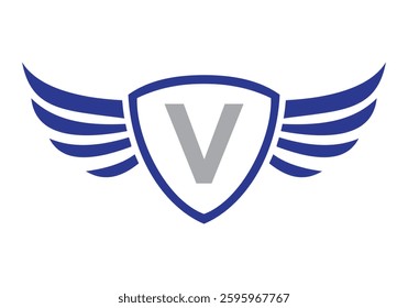 Wing Logo On Letter V Alphabet For Transportation Logo Symbol	