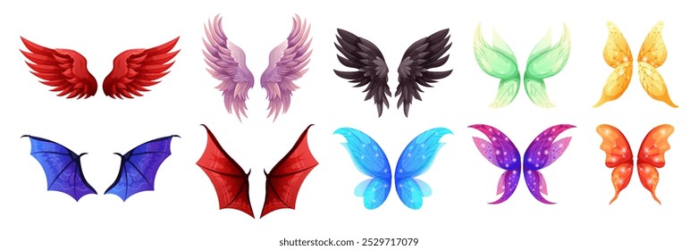 Iconos aislados de dibujos animados mágicos de alas. Elemento de carácter hada, mariposa y elfo, diablo, dragón y murciélago carnaval o disfraz de Halloween. Princesa duendecilla de fantasía. Juego gráfico símbolo de pájaro. Conjunto estridente de Vector