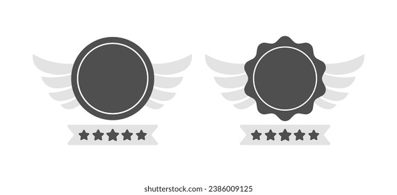 Wing medal mockups. Gray medal mockups, 5 star awards, medal with wings. Vector icons