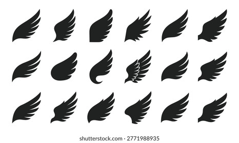 Wing nature creatures icon collection in flat monochrome style, animal anatomy, avian feathers, mobility, and flight
