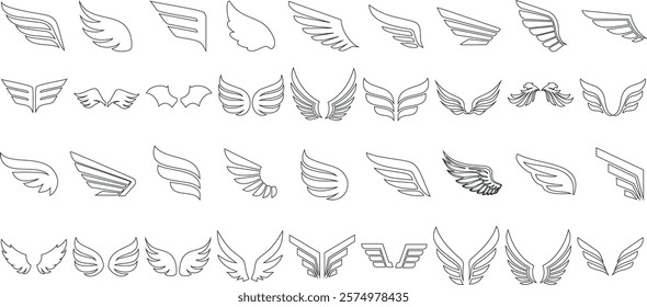 Wing outline set, logos, symbols, abstract wing line art designs, angel, bird, creative icons, flying shapes for branding, tattoo art, minimalist sketches vector illustration