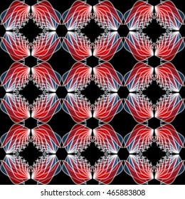 Wing patterns in red semitransparent colors. Seamless abstract background. Repeating wings in mirror position. 