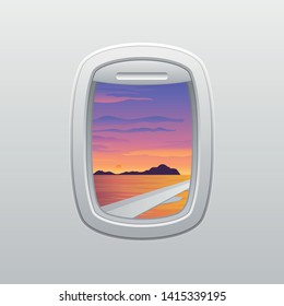 Wing of the plane against the background of orange clouds and a purple sky. View from the window of the plane. Vector illustration.