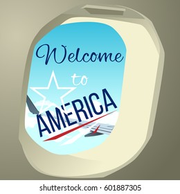 Wing the plane from the window. Summer weather for travel around the world. Hospitable writing. Lettering