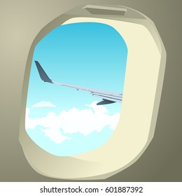 Wing the plane from the window. Summer weather for travel around the world.