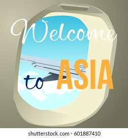 Wing the plane from the window. Summer weather for travel around the world. Hospitable writing. Lettering