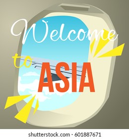 Wing the plane from the window. Summer weather for travel around the world. Hospitable writing. Lettering