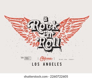 Wing Rock n roll  California Los Angeles  Rock music print  wings hipster vintage label  graphic design and grunge effect  tee stamp  artwork lettering vector 