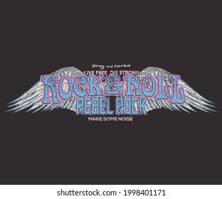 Wing rock and roll poster. Rebel Rockstar t shirt print design. Make some noise typography. Music band logo artwork.   