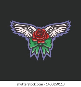 Wing Rose With Butterfly Tie Ribbon Illustration Cartoon Concept Vector . Suitable For Logo, Wallpaper, Banner, Background, Card, Book Illustration, T-Shirt Design, Sticker, Cover, etc