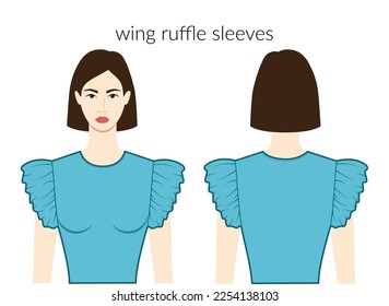 Wing Raffle Ärmel kurze Länge Kleidung Charakter schöne Dame in blau oben, Hemd, Kleid technische Mode Illustration. Flache Bekleidungsschablone vorne, hinten. Frauen, Männer ohne Ex-CAD-Modell