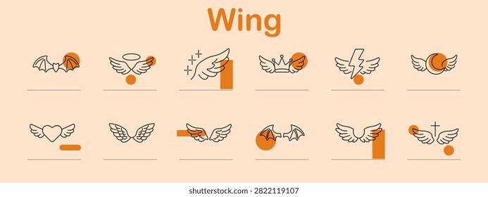 Wing set icon. Bat silhouette, angel halo, sparkling feather, royal emblem, lightning symbol, flying sphere, romantic heart, layered plumage, airborne motion, fantasy creature, heavenly protection
