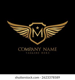 wing and shield letter M Gold color, Victory logo, wing logo, vector logo template