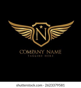 wing and shield letter N Gold color, Victory logo, wing logo, vector logo template