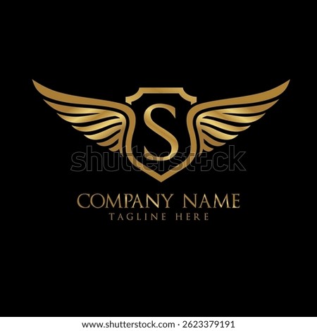 wing and shield letter S Gold color, Victory logo, wing logo, vector logo template