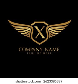 wing and shield letter X Gold color, Victory logo, wing logo, vector logo template