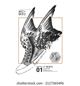 Wing With Shoe Graphics in Vector , Flying shoes on a White background. Vector illustration drawn by hand. Winged Sneakers