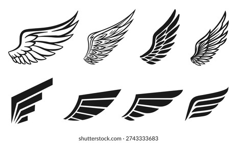 Wing silhouette icon set in vector style showing feathers, flight, freedom, and spiritual symbols for logo design, tattoo inspiration, and artistic templates. EPS Vector.