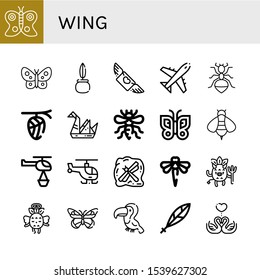 wing simple icons set. Contains such icons as Butterfly, Quill, Flying, Plane, Ant, Cocoon, Origami, Bee, Helicopter, Insect, Dragonfly, Devil, can be used for web, mobile and logo