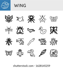 wing simple icons set. Contains such icons as Bee, Eagle, Dove, Pheidole, Fly, Butterfly, Dragonfly, Moth, Small plane, Swan, Earwig, Helicopter, can be used for web, mobile and logo