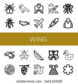 wing simple icons set. Contains such icons as Fly, Earwig, Parrot, Small plane, Angel, Plane, Feather, Bee, Wise, Helicopter, Chicken wings, can be used for web, mobile and logo