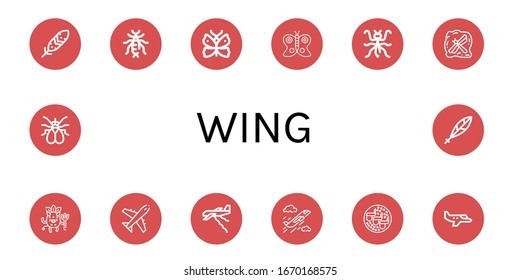 wing simple icons set. Contains such icons as Feather, Earwig, Butterfly, Mantis, Insect, Devil, Plane, Chicken wings, Small plane, Fly, Quill, can be used for web, mobile and logo