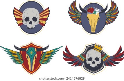 Wing skull vintage art symbol, emblem skull sign, modern decoration adornment, design, in cartoon style vector illustration. Death skeleton background, party poster, mortal logo, rock festival.