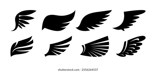 Wing stretched, isolated decorative logotypes or badges item with plumelets and feathers. Vector animal or angel, spiritual or fantasy character or personage design part or costume element