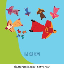 Wing suit flying & people jumping down in the air. parachuting vector illustration extreme sports & skydiving with text live your dream flat design style blue background & simple lifestyle 