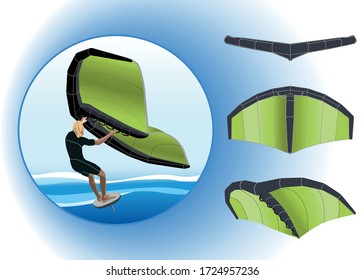 Wing surfing. Surfer on a board with a manual inflatable wing on a background of sea and sky. 
Windsurf wing in different projection