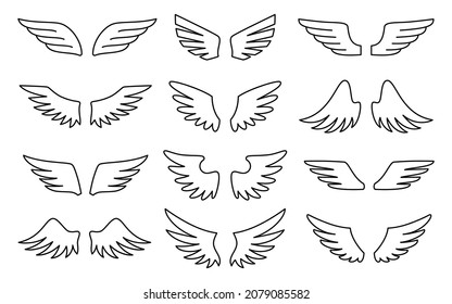 Wing symbol freedom angel tattoo black line set. Modern insignia distinction open wings the banner of freedom. Military order vintage design open sketch different shape outline isolated on white