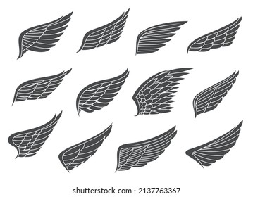Wing tattoo. Angel, eagle bird spread wings with feathers. Falcon, hawk or pigeon black wings outline vector emblems, heaven and freedom isolated symbols, vintage icons set