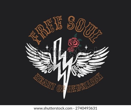 Wing vector graphic. free soul typograph design.rock and roll tee t-shirt design. free soul typograpy artwork.